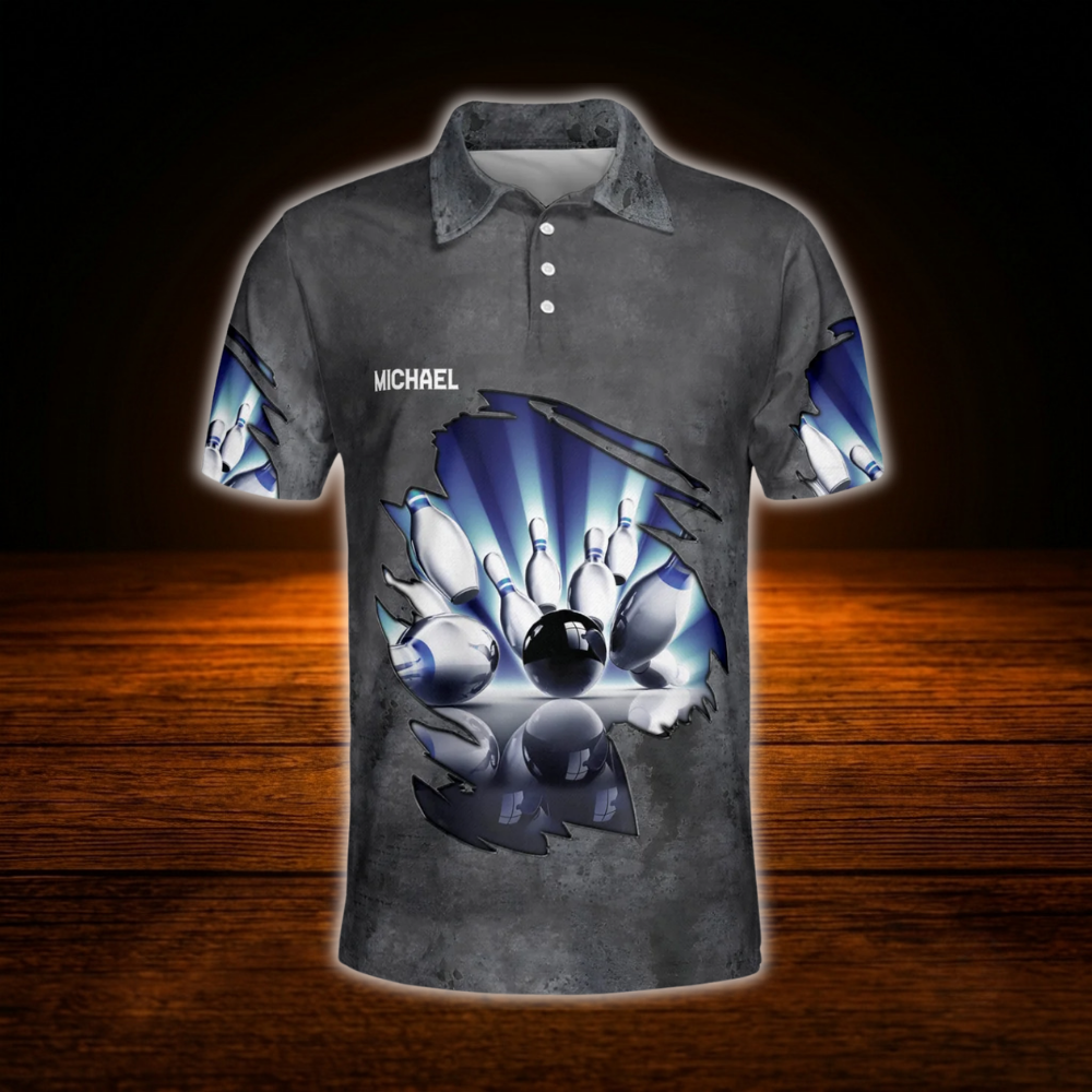 Custom Team Grey Blue Lighting Bowling Polo Shirt For Men, Custom Bowling Shirt