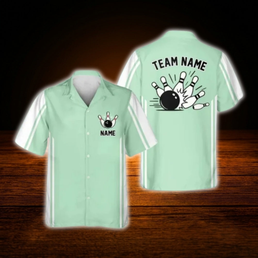 Custom Green White Retro Bowling Hawaiian Shirt, Custom Retro Team Bowling Shirt