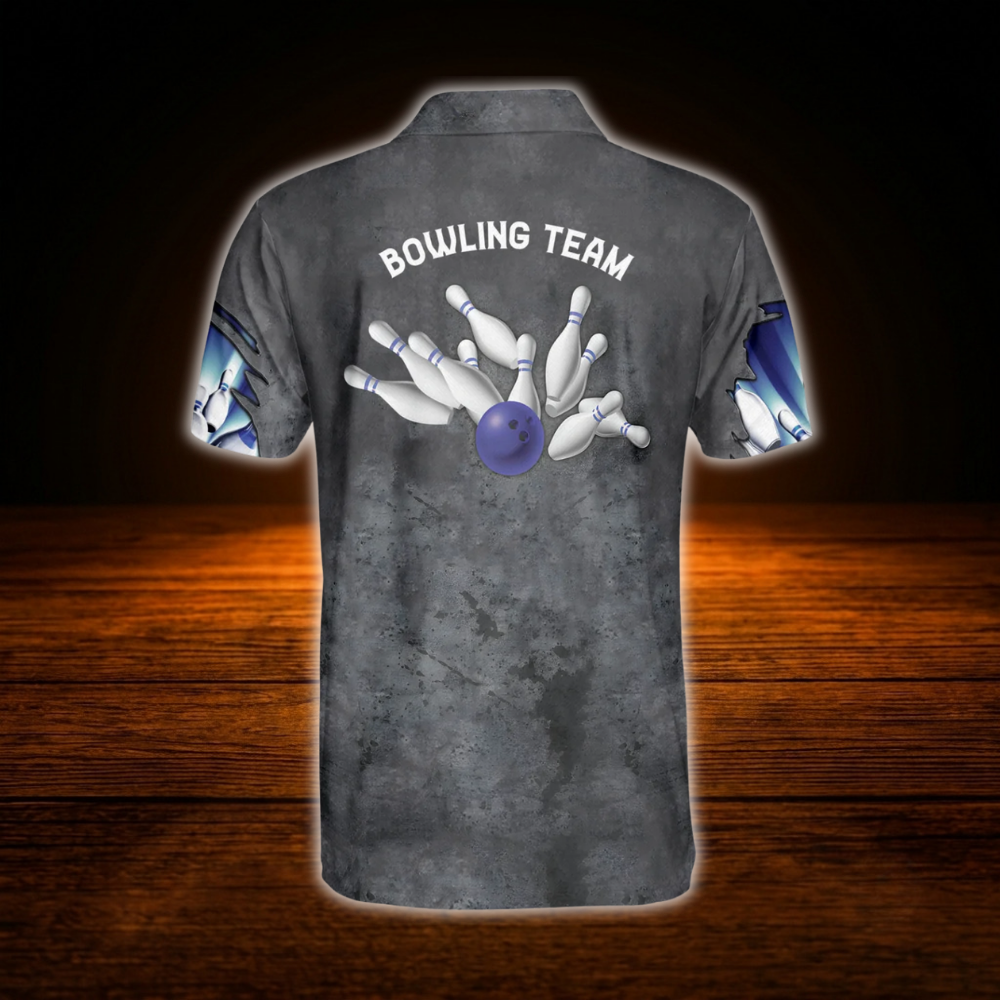 Custom Team Grey Blue Lighting Bowling Polo Shirt For Men, Custom Bowling Shirt