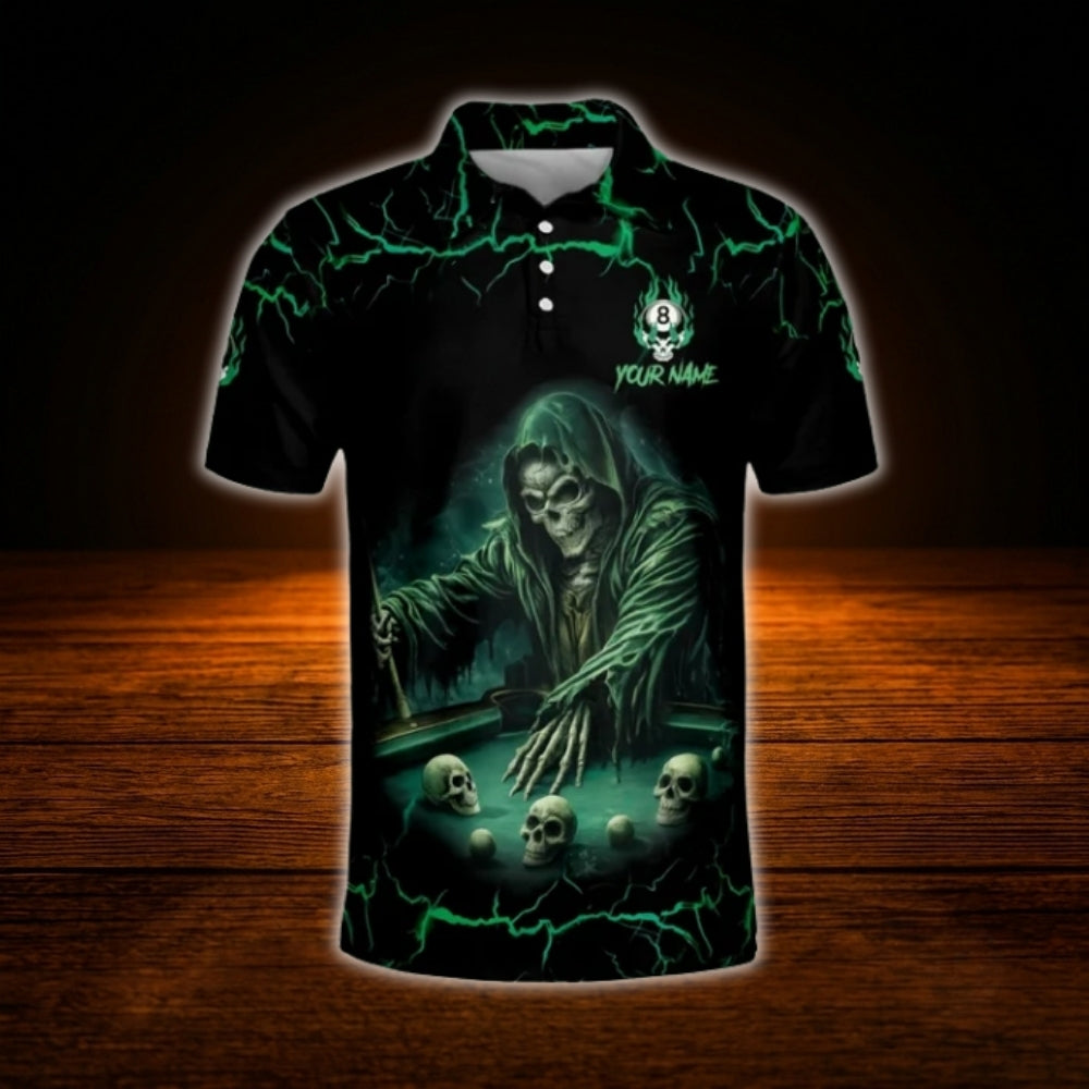 Custom Skeleton Billiard Men Polo Shirt Green Black, Custom Skull Billiard Team Shirt