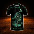 Custom Skeleton Billiard Men Polo Shirt Green Black, Custom Skull Billiard Team Shirt