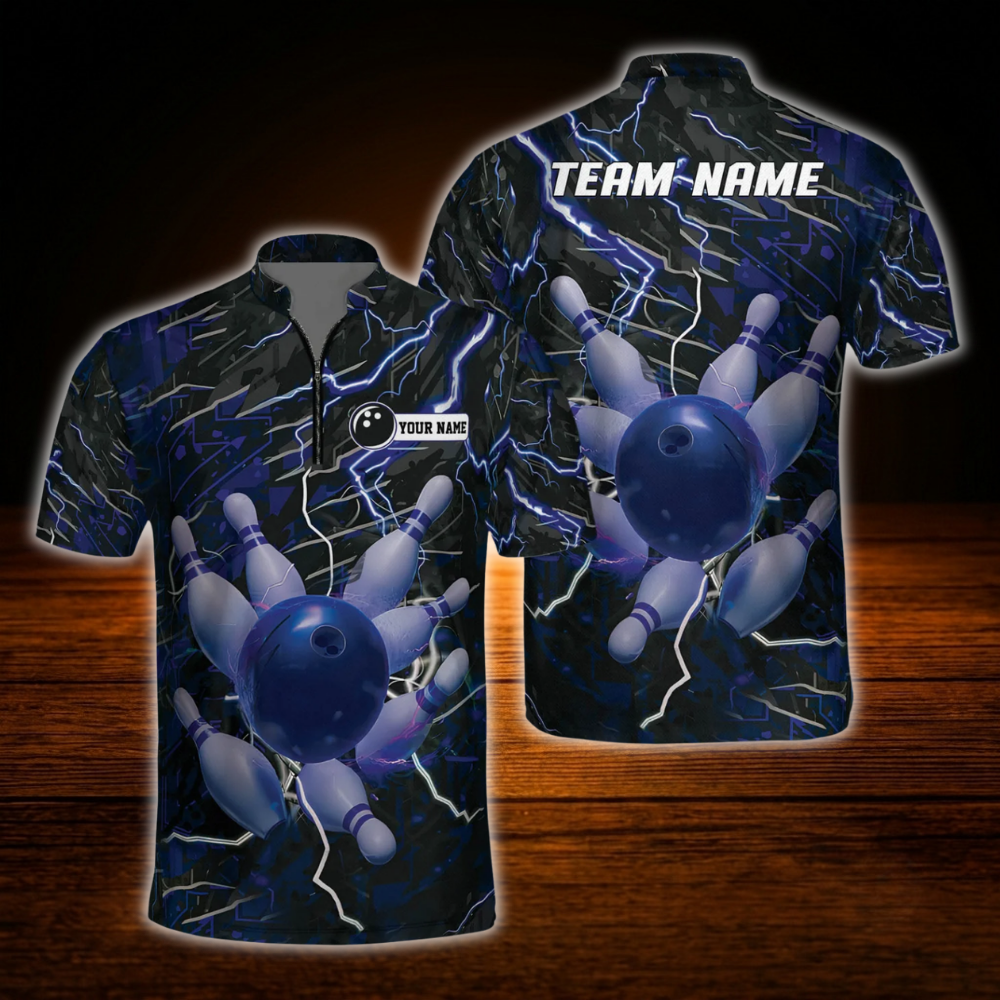 Custom Thunder Lighting Purple Black Bowling Jersey For Men, Custom Team Thunder Bowling Shirt