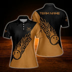 Women's Custom Blue Black Flame Bowling Polo Shirt, Custom Flame Bowling Team Shirt Ladies