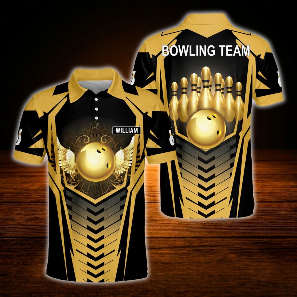Golden Ball Custom Bowling Team Polo Shirt, Custom Black Gold Bowling Shirt For Men