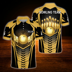 Golden Ball Custom Bowling Team Polo Shirt, Custom Black Gold Bowling Shirt For Men