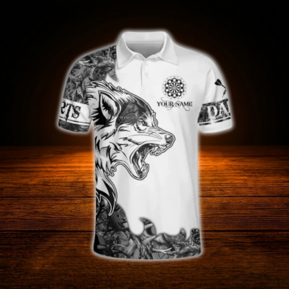 Custom Wolf White Grey Darts Polo Shirt Men, Custom Wolf Darts Team Shirt