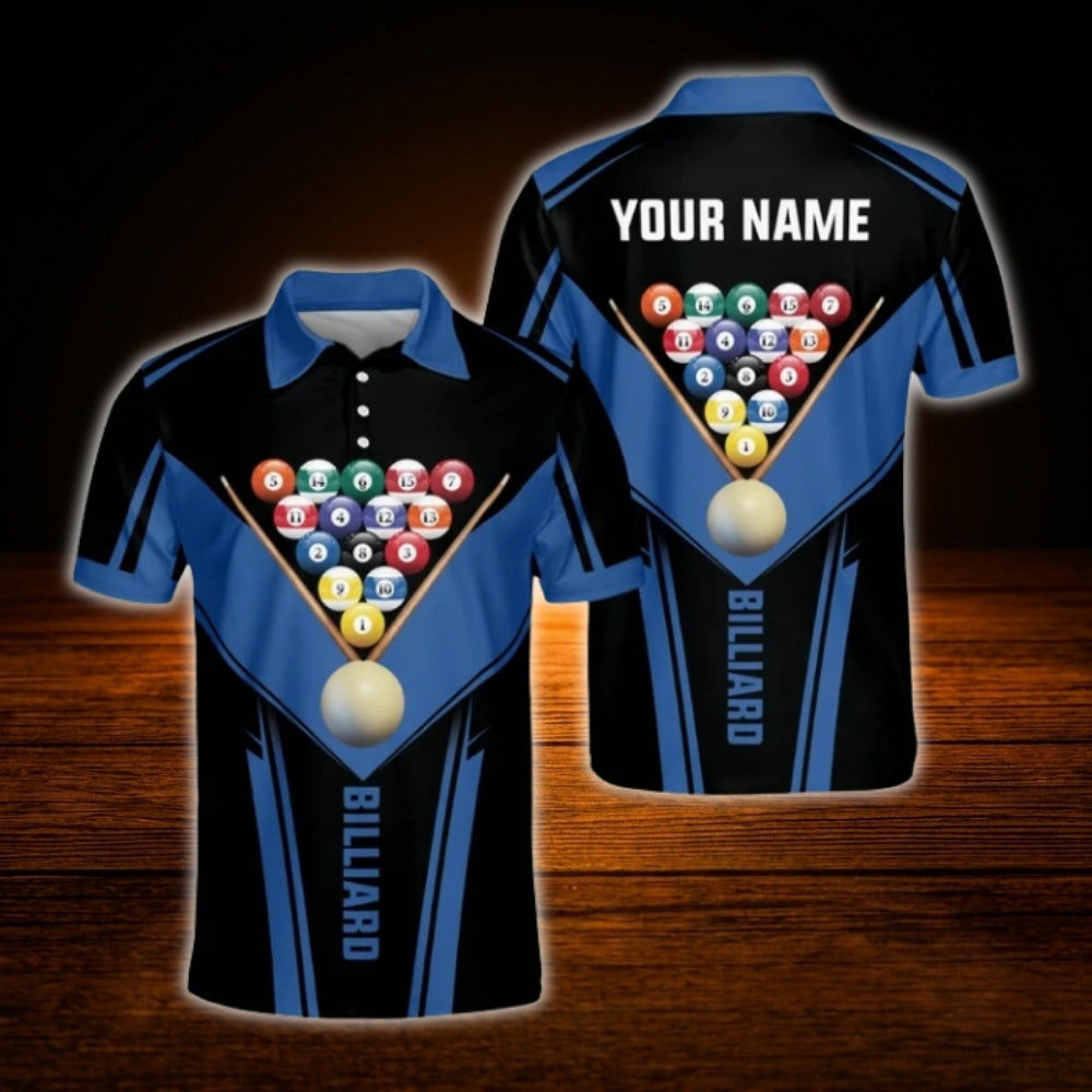 Custom Name Billiard Men Polo Shirt Black And Blue, Personalized Billiard Shirt