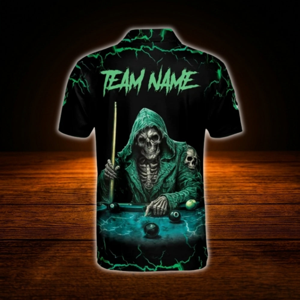 Custom Skeleton Billiard Men Polo Shirt Green Black, Custom Skull Billiard Team Shirt