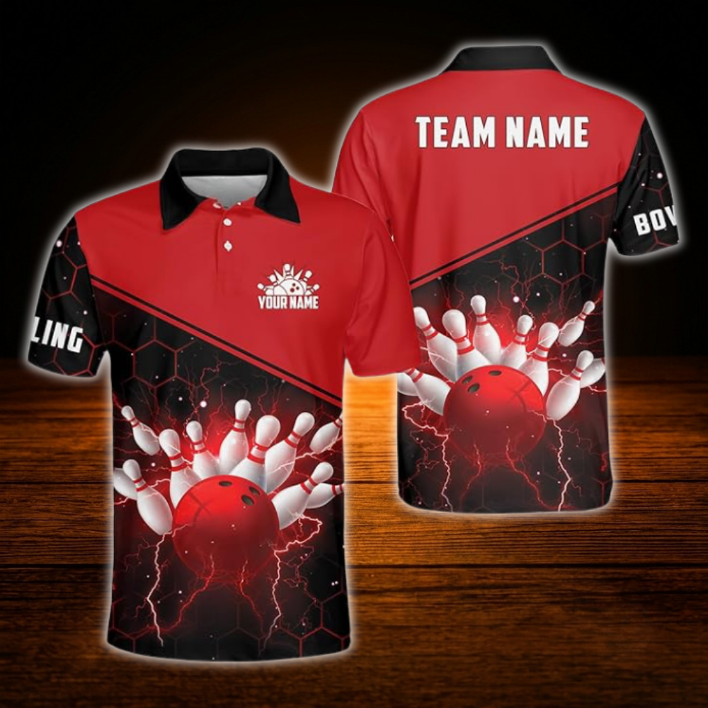 Custom Team Red And Black Bowling Polo Shirt, Personalized Bowling Team Shirt