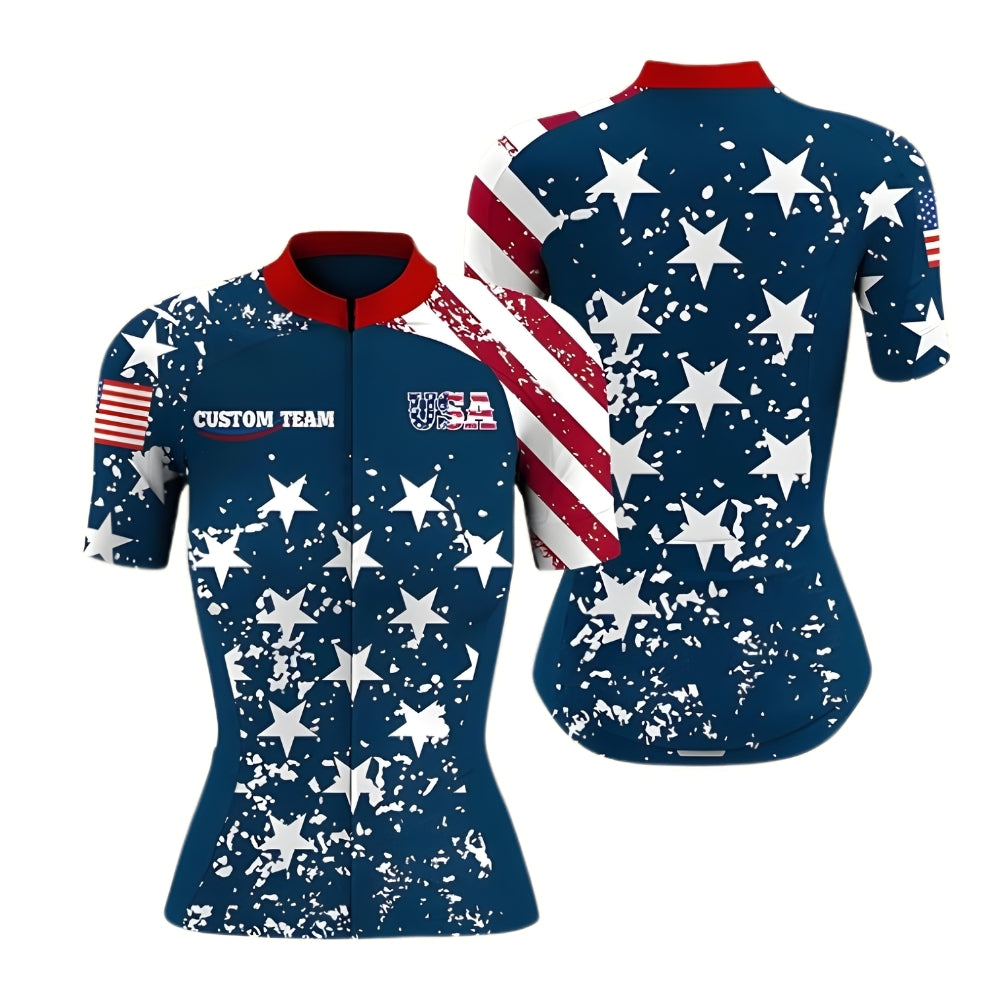 Custom American Flag Cycling Jersey Short Sleeve For Women, Custom Patriotic Cycling Team Jerseys Ladies CZ0056