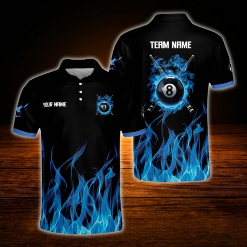 Custom 8 Ball Blue Flame Billiard Polo Shirt For Men, Custom Flame Billiard Shirt Team