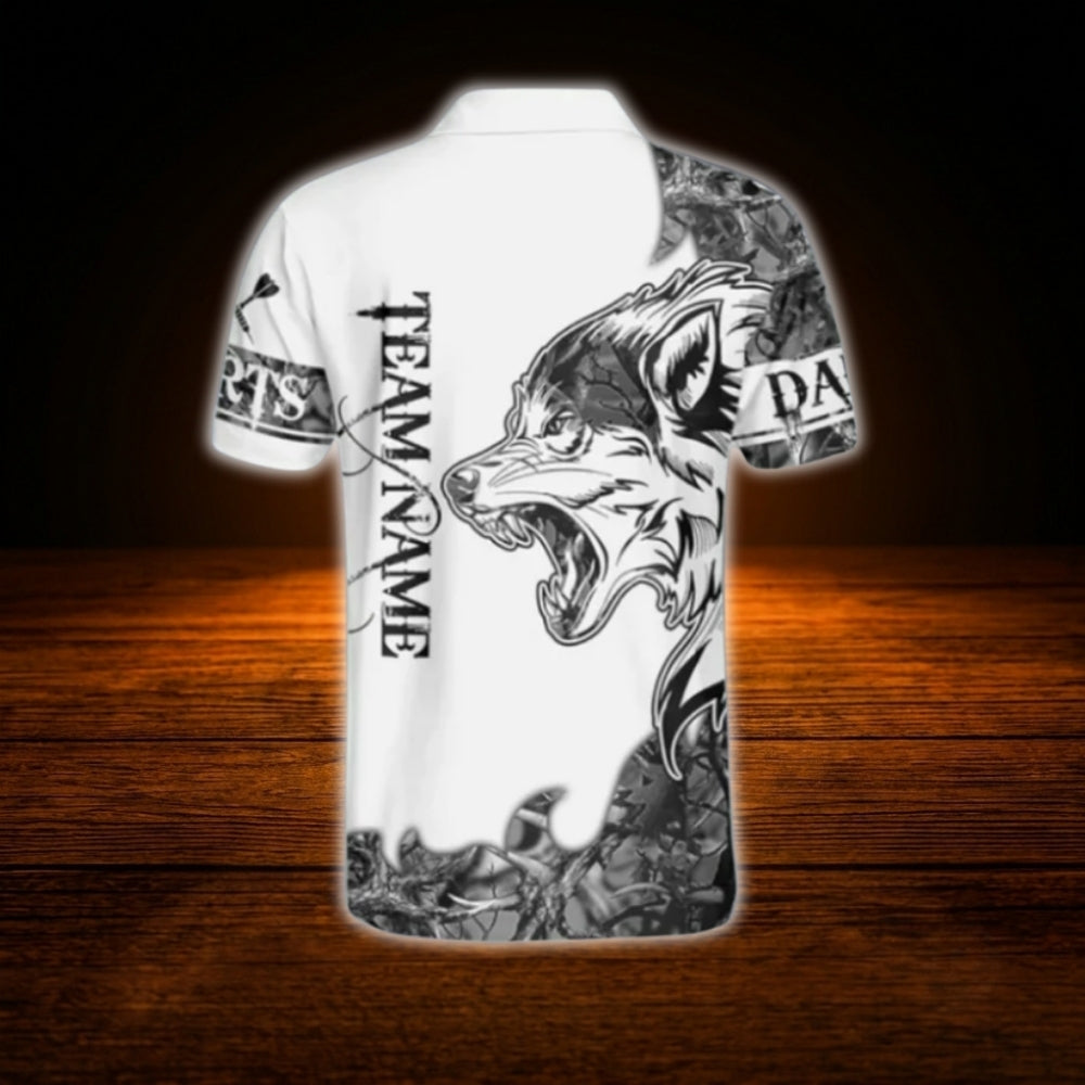 Custom Wolf White Grey Darts Polo Shirt Men, Custom Wolf Darts Team Shirt