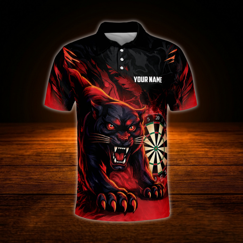 Custom Panther Red Flame Darts Men Polo Shirt, Personalized Panther Dart Shirt For Team
