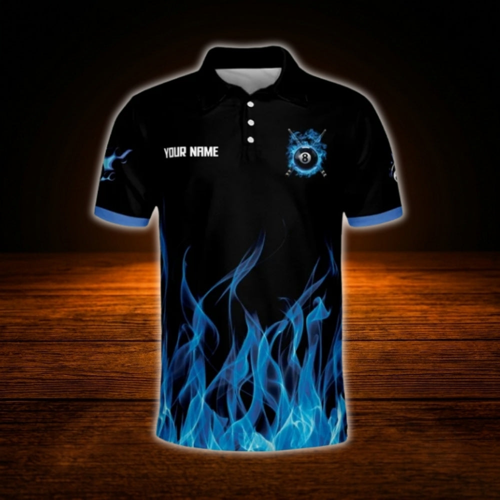 Custom 8 Ball Blue Flame Billiard Polo Shirt For Men, Custom Flame Billiard Shirt Team