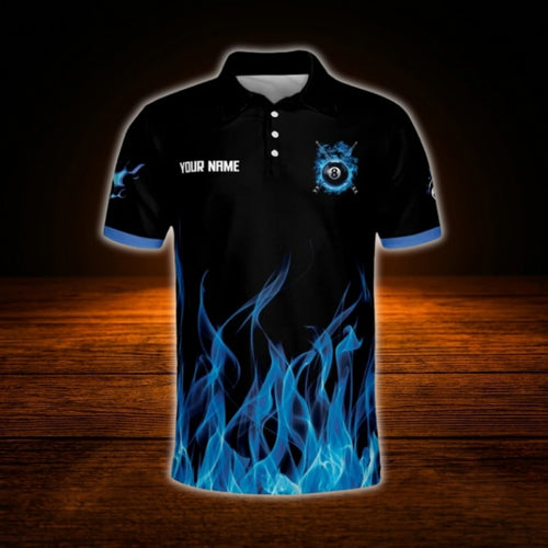 Custom 8 Ball Blue Flame Billiard Polo Shirt For Men, Custom Flame Billiard Shirt Team