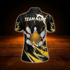 Custom Womens Black Yellow Bowling Team Polo Shirt, Custom Team Bowling Shirt For Ladies