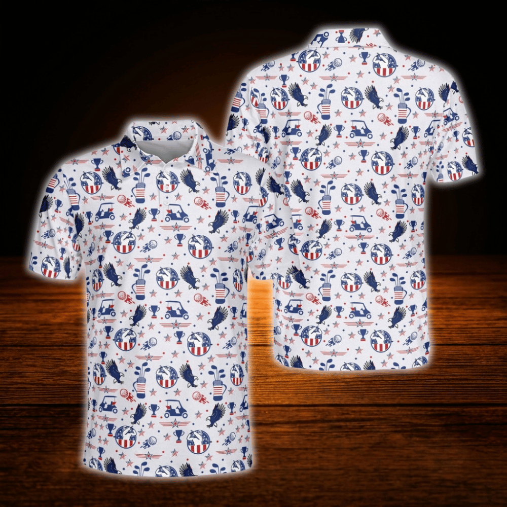 Eagle American Flag Golf Polo Shirt For Men, 4th of July Patriotic Golf Shirt