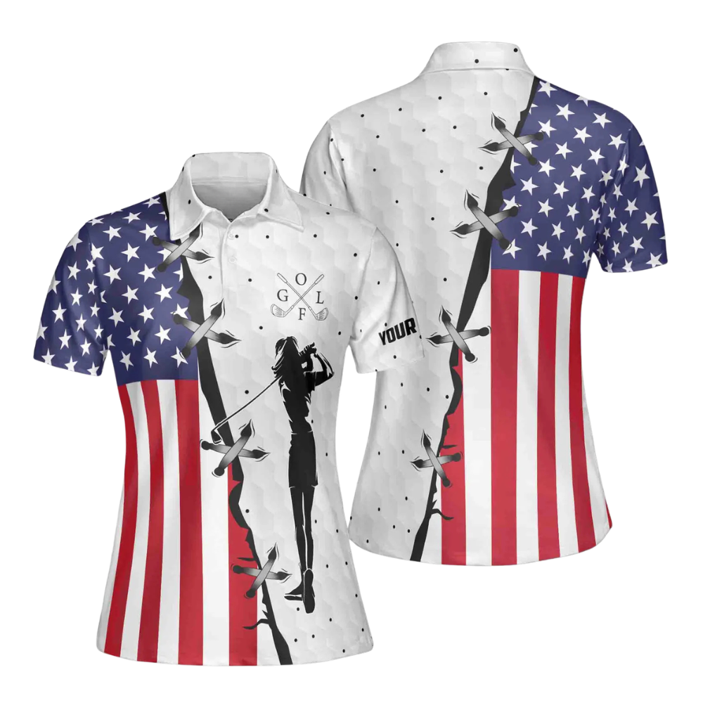 Custom American Flag Women's Red White And Blue Golf Polo Shirts, Custom Patriotic Golf Shirts For Women GE0045