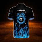 Custom 8 Ball Blue Flame Billiard Polo Shirt For Men, Custom Flame Billiard Shirt Team