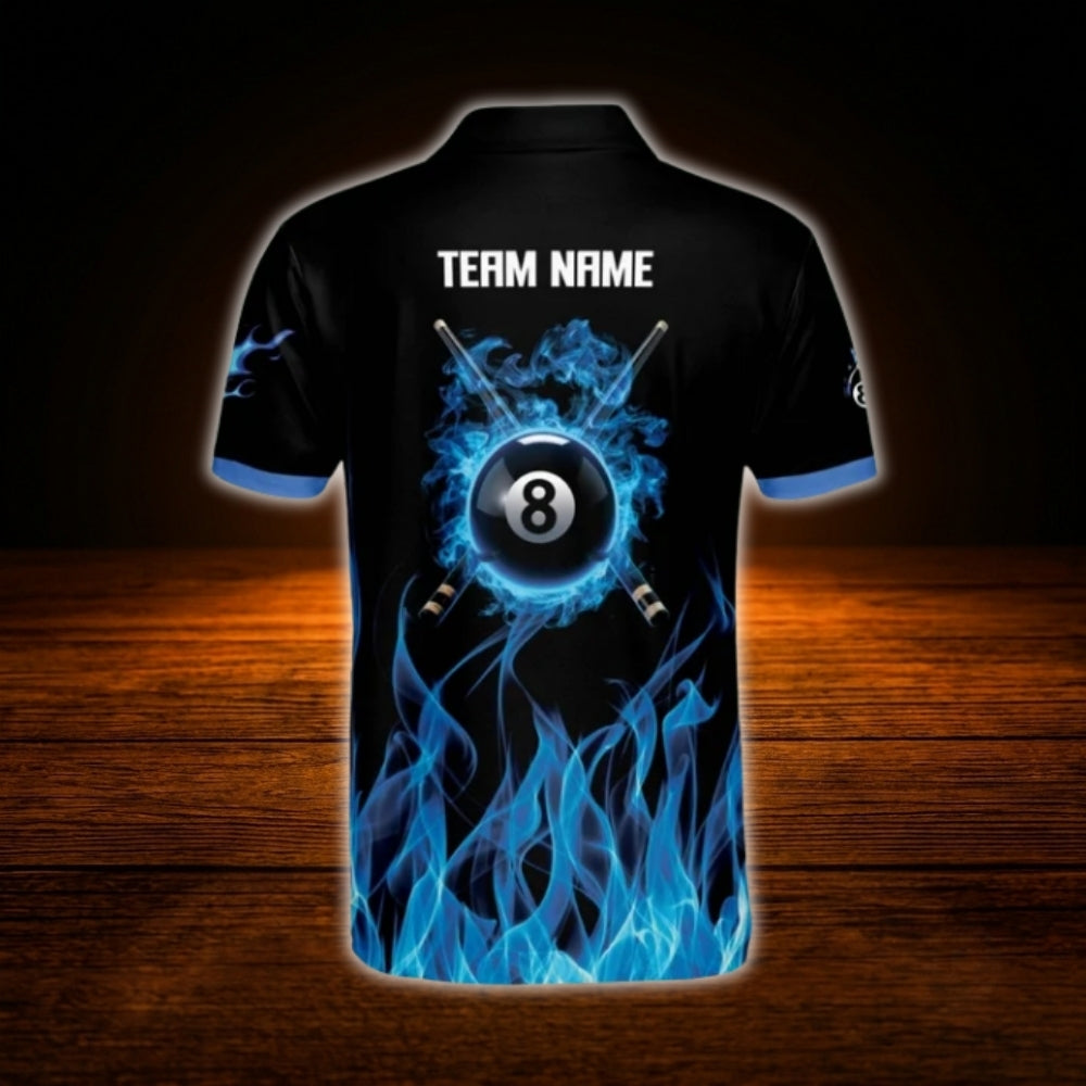 Custom 8 Ball Blue Flame Billiard Polo Shirt For Men, Custom Flame Billiard Shirt Team