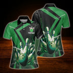 Custom Name Green Black Womens Bowling Polo Shirt, Custom Bowling Shirt For Womens