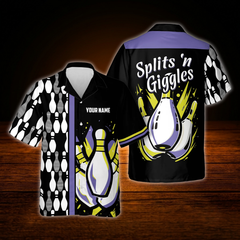 Custom Split's Giggles Bowling Hawaiian Shirt Purple Black, Custom Funny Bowling Shirt