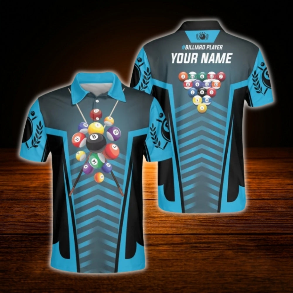 Custom Cyan Black Billiard Polo Shirt For Men, Custom Name Billiard Player Shirts