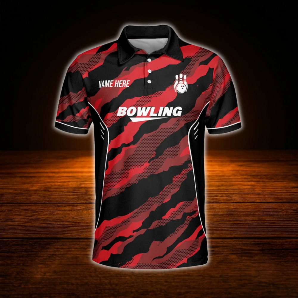 Custom Camo Black And Red Bowling Polo Shirts For Men, Custom Camo Bowling Team Shirts