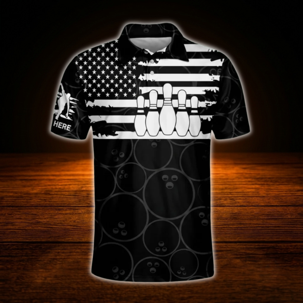 Custom American Flag Black And White Bowling Polo Shirts For Men, Custom Patriotic Bowling Shirts