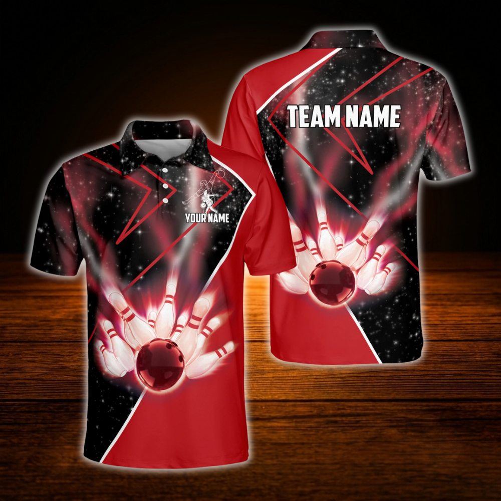 Custom Black And Red Bowling Team Polo Shirt, Custom Men Bowling Shirt