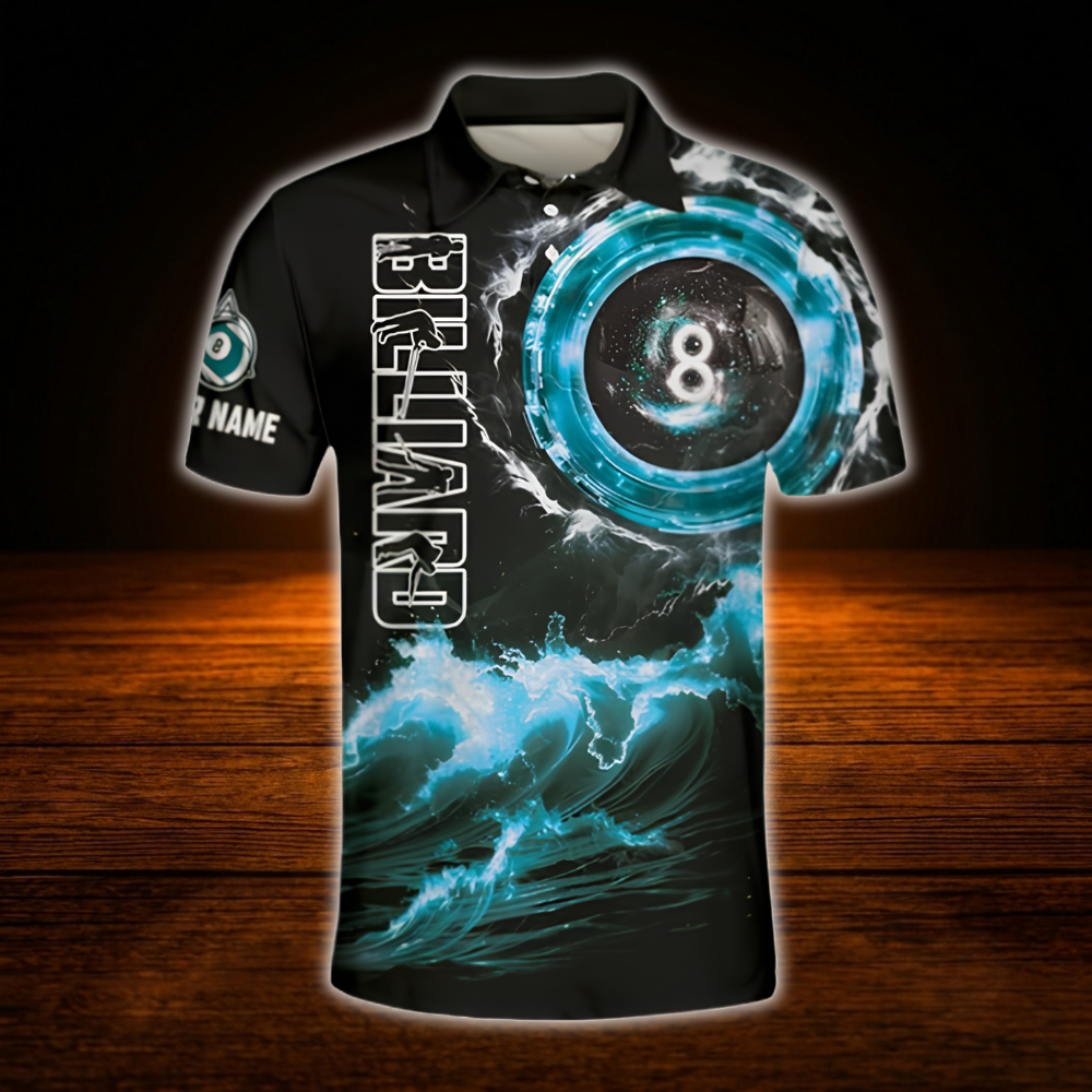 Custom 8 Ball Purple Lightning Billiard Men Polo Shirt, Custom 8 Ball Pool Team Shirt