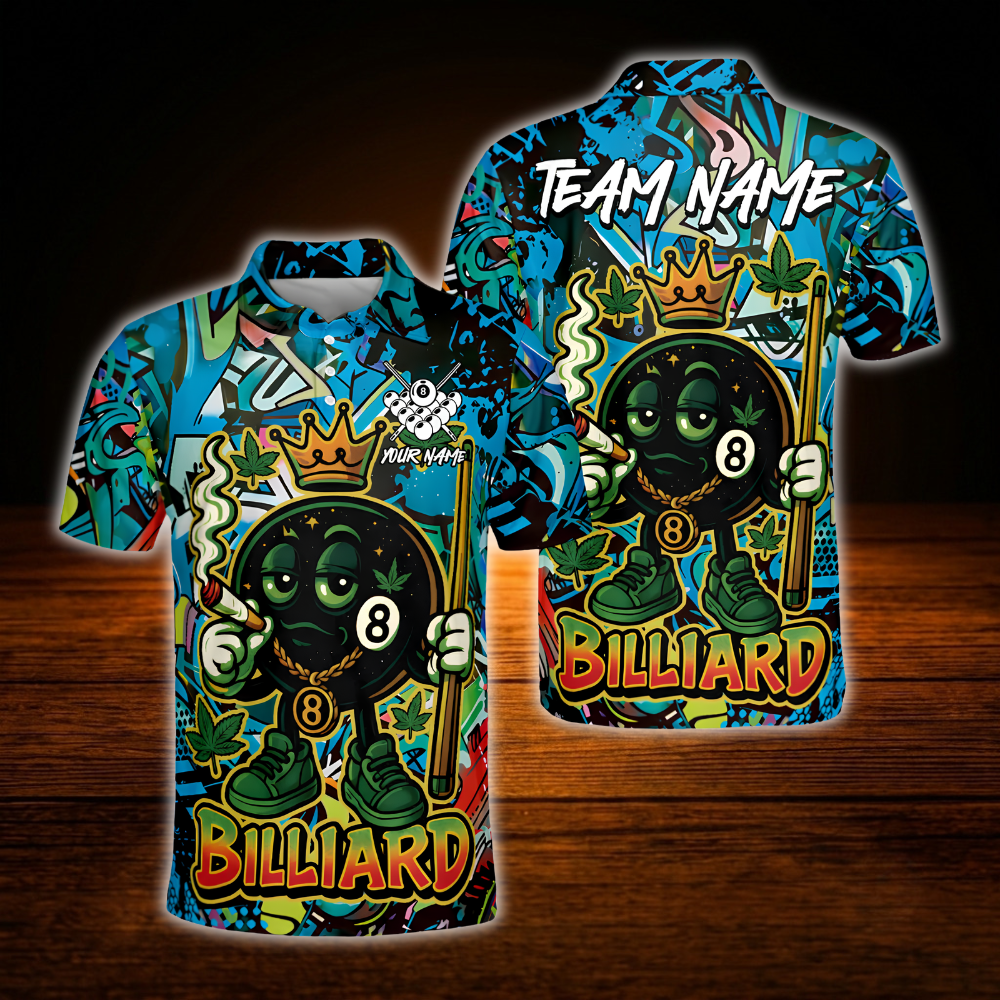 Custom Funny 8 Ball Smoking Men's Billiard Polo Shirt Green Graffiti, Custom 8 Ball Team Billiard Shirt