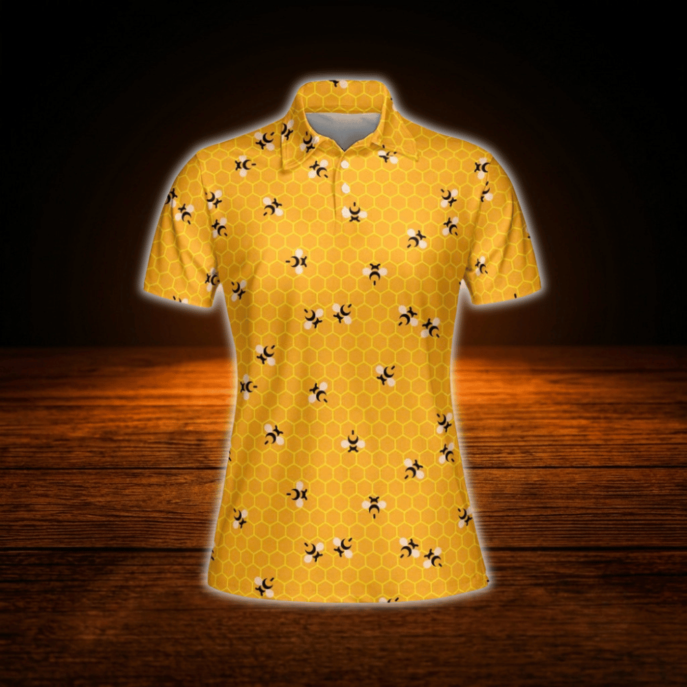 Yellow Bee Honeycomb Ladies Golf Polo Shirt, Bee Golf Shirt For Women