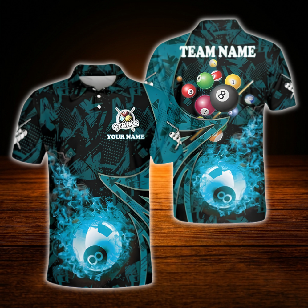 Custom 8 Ball Fire Men's Billiard Polo Shirt, Custom Flame Billiard Team Shirt