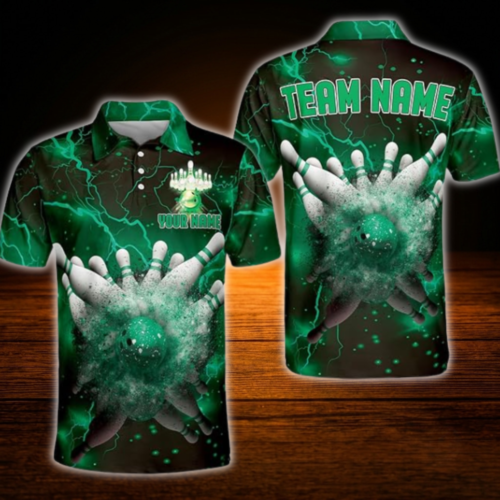 Custom Thunder Black and Blue Bowling Polo Shirts For Men, Custom Thunder Team Bowling Shirts