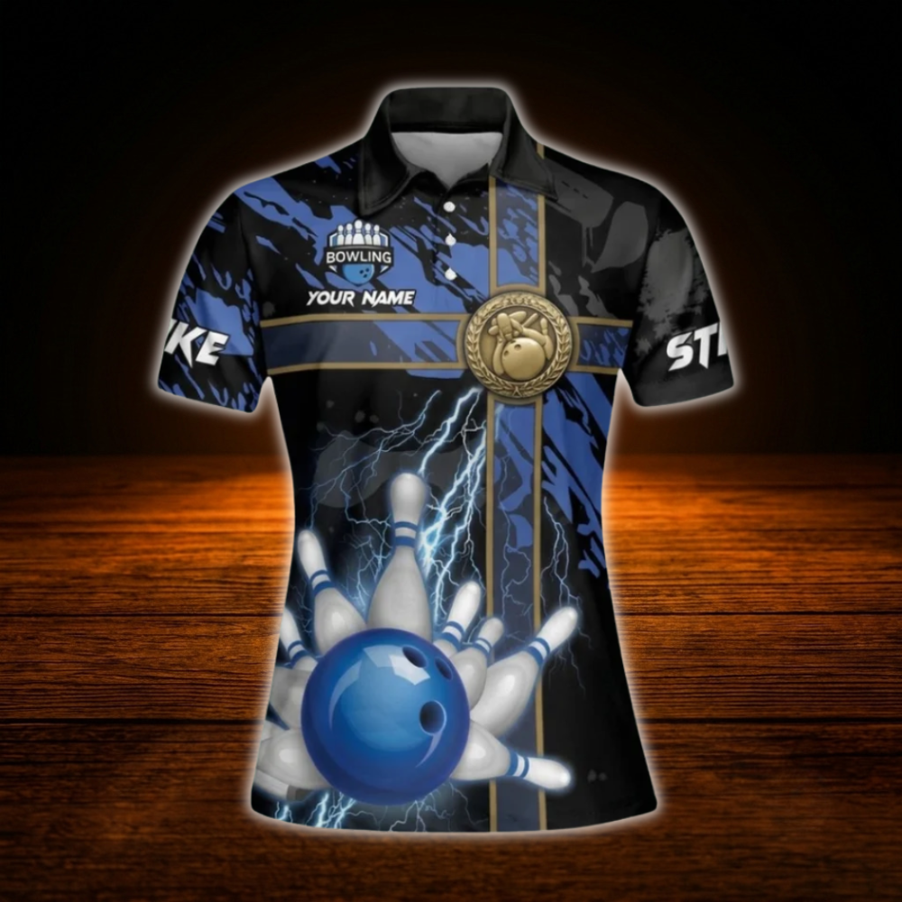 Custom Thunder Blue Ladies Bowling Polo Shirts, Custom Thunder Bowling Team Shirts For Women