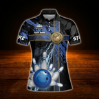 Custom Thunder Blue Ladies Bowling Polo Shirts, Custom Thunder Bowling Team Shirts For Women