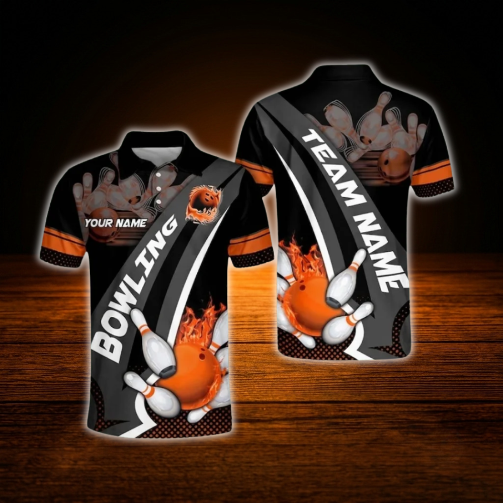 Custom Red Flame Bowling Polo Shirts Mens, Custom Flame Bowling Team Shirts