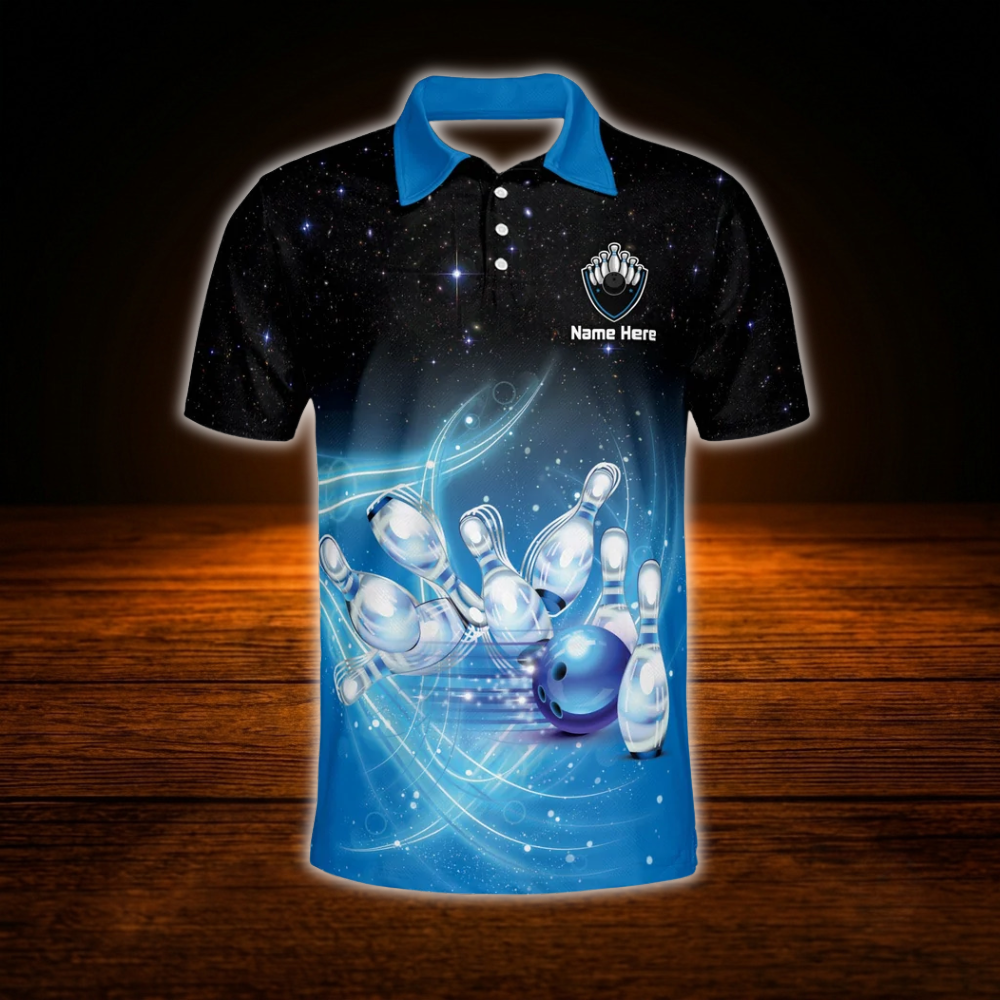 Custom Team Black And Blue Bowling Polo Shirts For Men, Custom Bowling Shirts