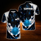 Blue Flame Pin Custom Bowling Polo Shirts Mens, Custom Flame Bowling Team Shirts
