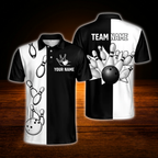 Custom Team Black And White Polo Bowling Mens Shirts, Custom Team Bowling Shirts
