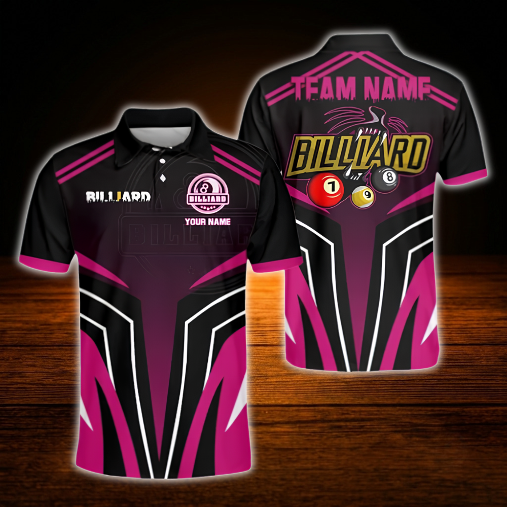 Black And Blue Custom Team Billiard Men Polo Shirt, Custom Billiard Shirt