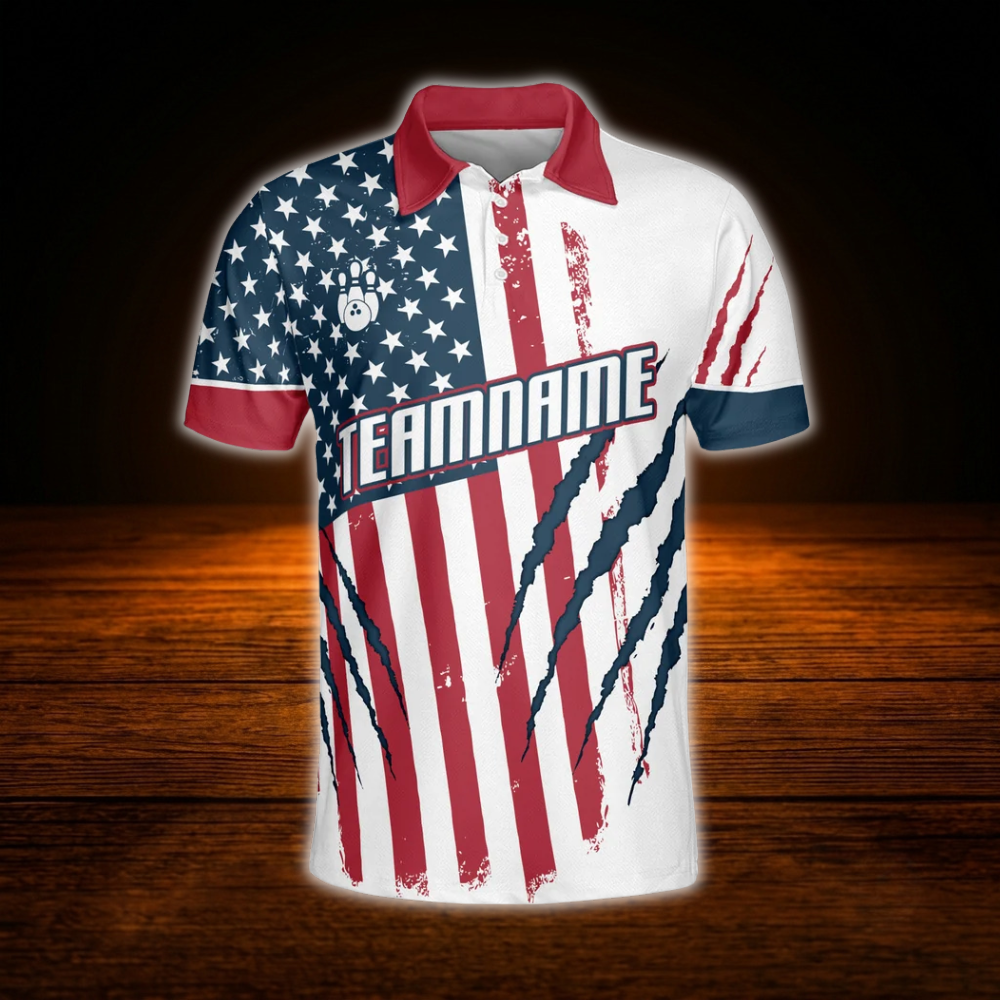Custom American Flag Eagles Polo Bowling Shirts Mens, Custom Patriotic Bowling Team Shirts