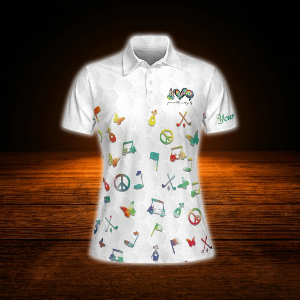 Custom Peace Love Golf Multi Colored Women's Golf Polo Shirts, Personalized Golf Shirts For Women