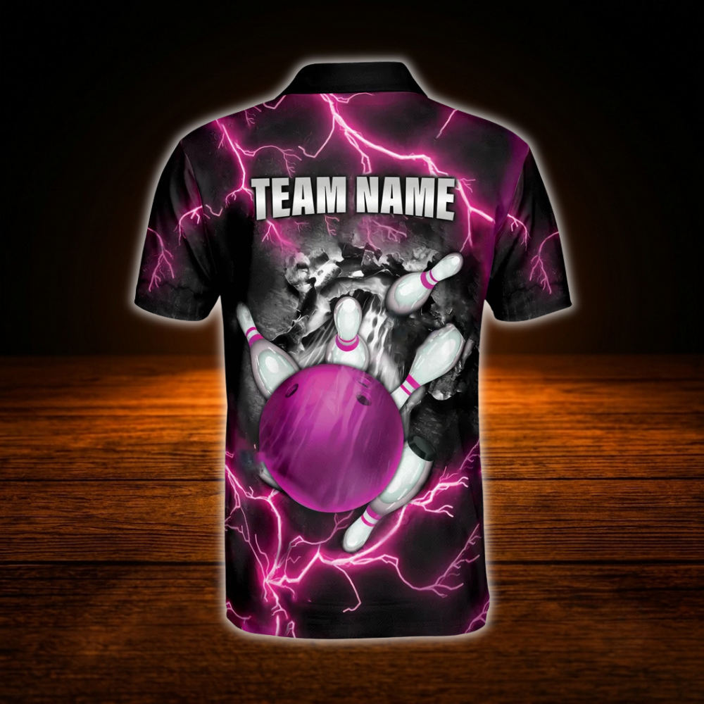 Custom Pink Thunder Bowling Polo Shirts For Men, Custom Thunder Bowling Team Shirts