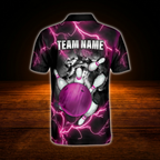Custom Pink Thunder Bowling Polo Shirts For Men, Custom Thunder Bowling Team Shirts