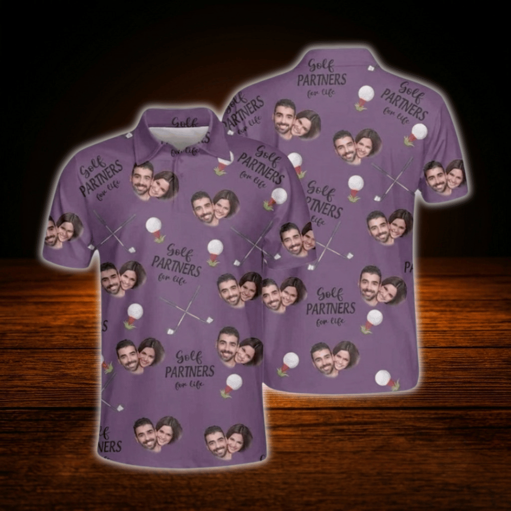Golf Partners For Life Custom Face Matching Golf Polo Shirt For Men And Women, Custom Photo Couples Golf Shirts