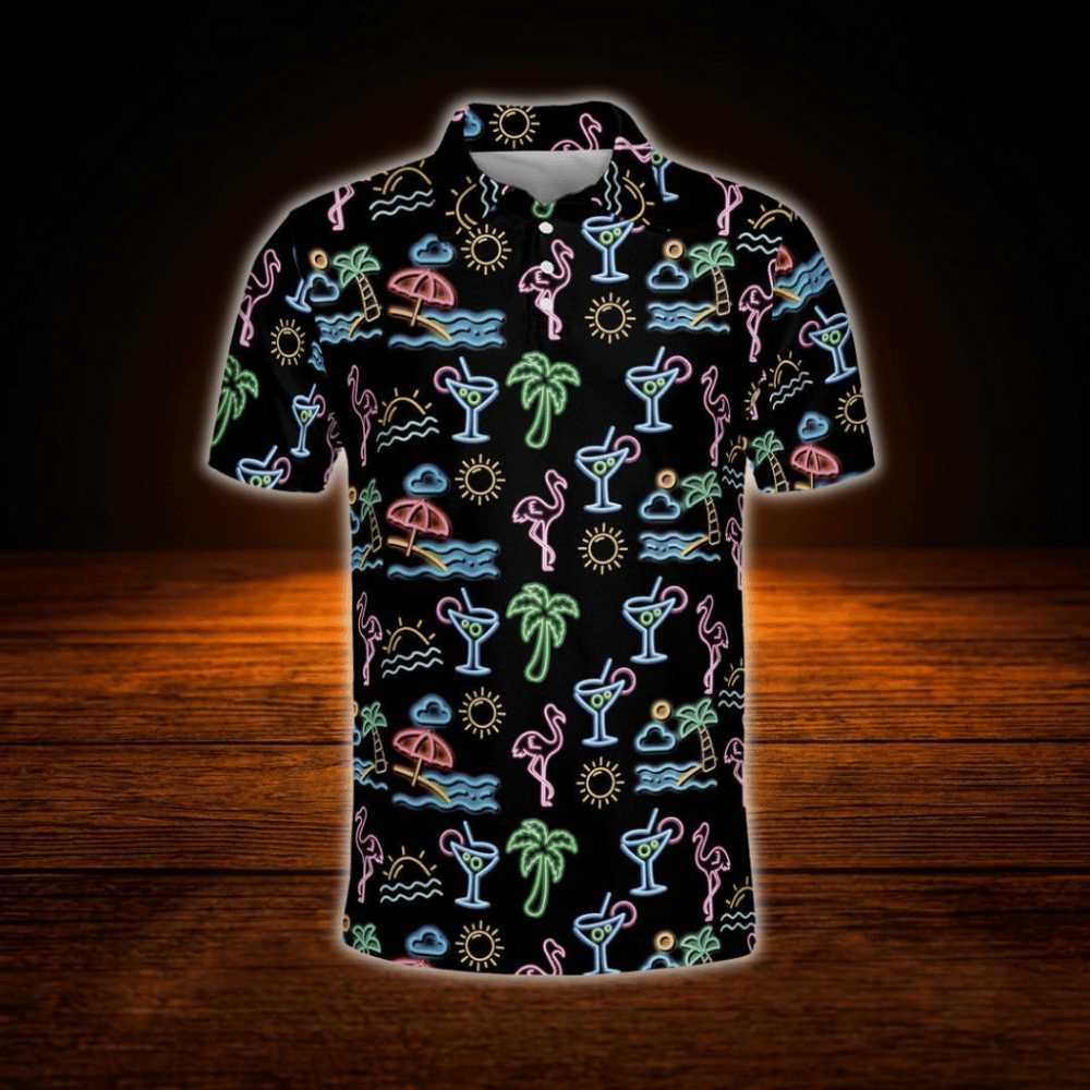 Neon Flamingo Tropical Golf Polo Shirts Men, Flamingo Golf Shirts