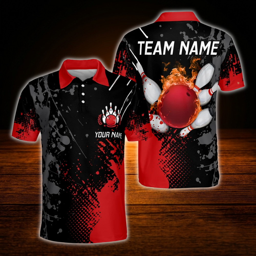 Custom Flame Blue Bowling Polo Shirts For Men, Custom Flame Bowling Team Shirts