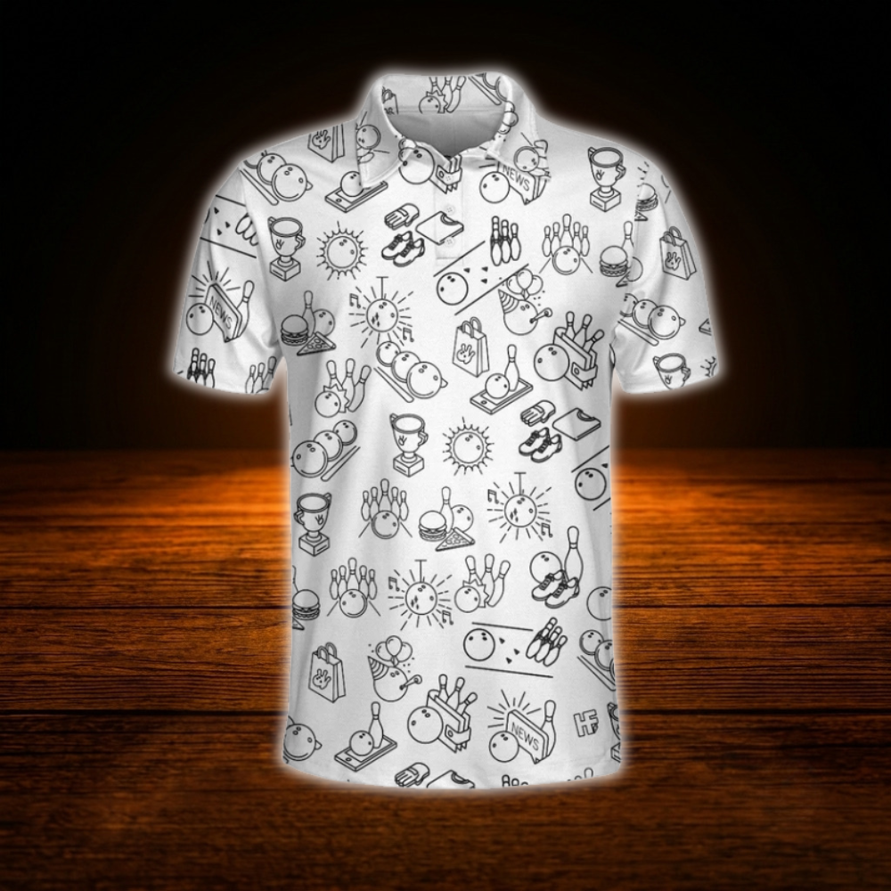 Bowling Doodle White Men's Polo Shirts, Bowling Shirts